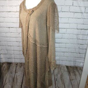 PRETTY ANGEL SWEATER DRESS, LACY, ASYMETRICAL DETAILS, TAN,BOHO,  SIZE LARGE